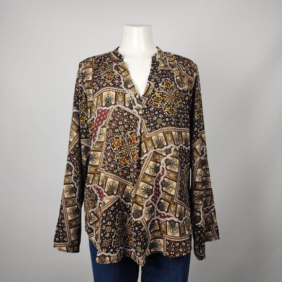 Floral & Ivy Brown & Green Floral V Neck Blouse Size L - Picture 1 of 9